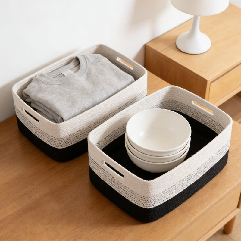 Large Woven Storage Basket Set Of 2, Natural Cotton Rope Organizer Bin For Shelves, Closet, Nursery, Living Room, Perfect For Clothes, Toys, Blankets, And Home Organization