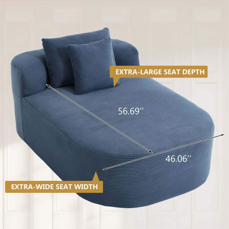 Canapé-lit 67,5 po en méridienne surdimensionnée en velours côtelé de 46 po pour le salon avec siège profond et deux coussins moelleux convertibles, bleu, sans assemblage requis