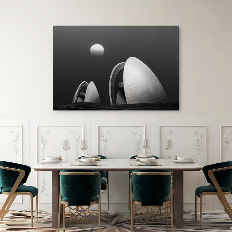 Monochromatic Shells And Sun Abstract Contemporary Geometric Architecture Landscape Wall Art Print 1 Piece Wrapped Canvas Wall Art