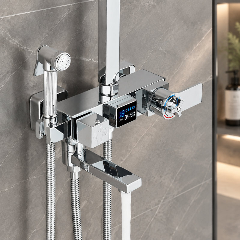 Chrome-Plated Digital Temperature-Controlled Shower System – Stainless Steel & ABS, Square Wall-Mounted Shower Set with Handheld Showerhead, Shower Spray Gun, Single-Handle Mixer Faucet, and Shelf
