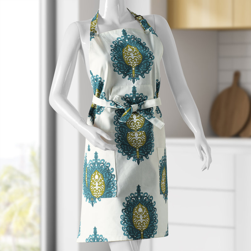 Printed Cotton Kitchen Apron with Pockets Adjustable, Mayan Teal