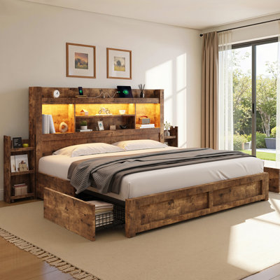 Cadre de lit Coey King Size avec 4 tiroirs de rangement, brun