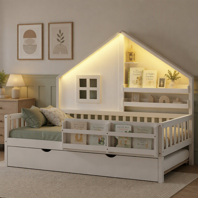 Solid Wood Standard Bed , Trundle Bed Included, Lit simple, Blanc