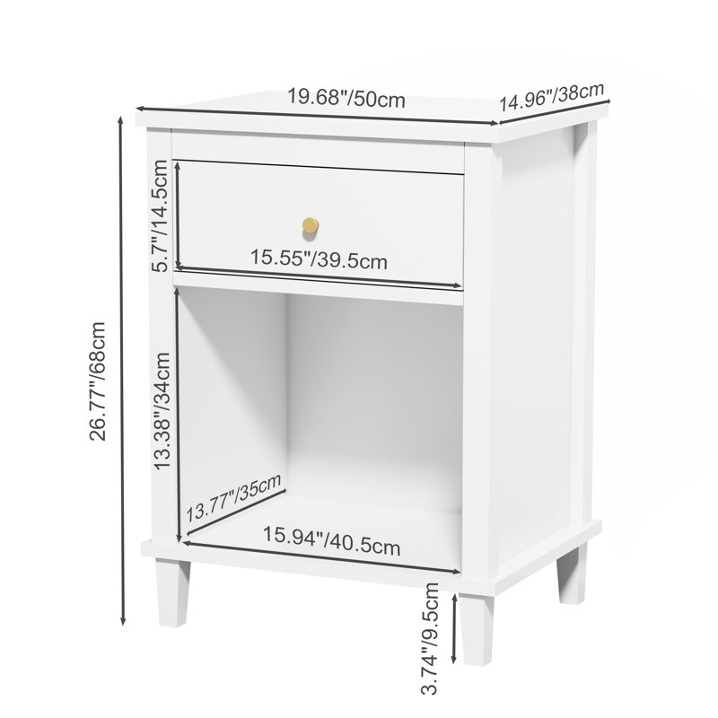 26.77''H Wooden Nightstand with One Drawer One Shelf for Kids, Adults, White+Golden handle, White