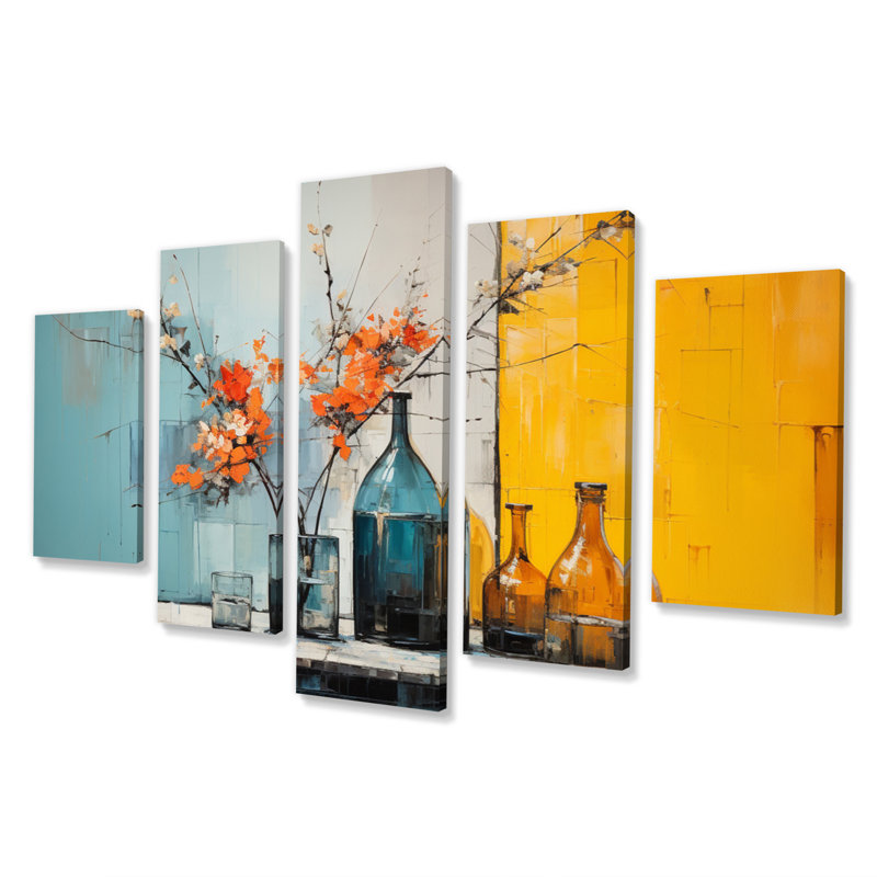 Vase audacieux jaune sarcelle Mid Century - impression sur toile Mid-Century - 5 panneaux