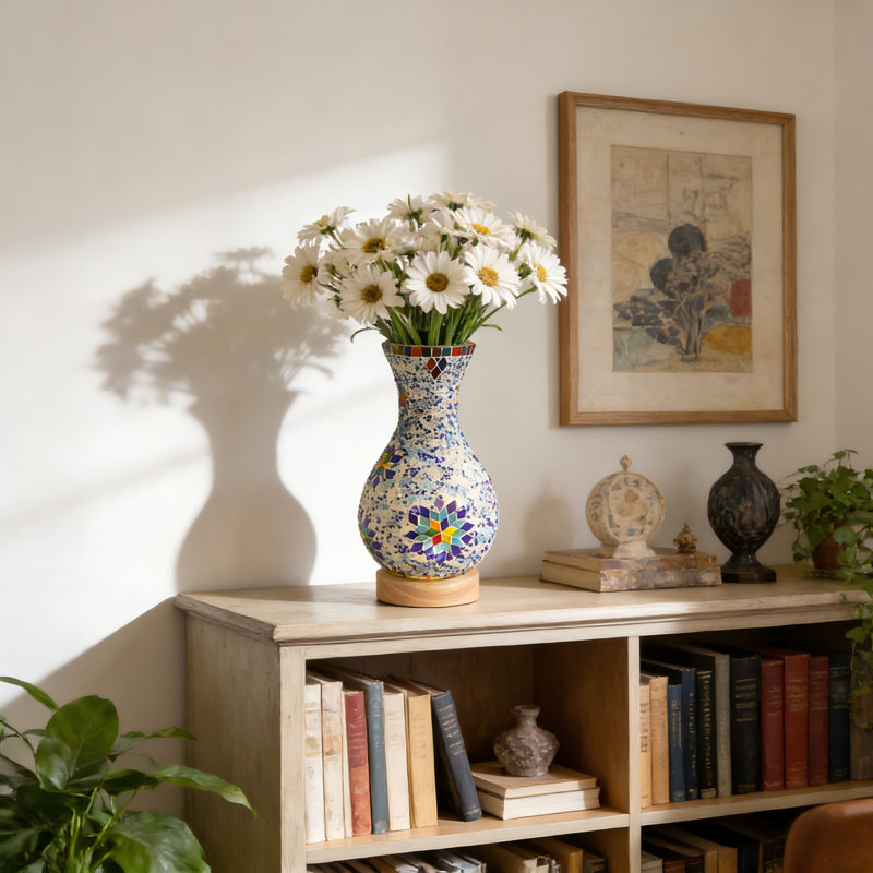 5 Inch Mosaic Glass Vase Table Lamp (wood Base, 3-color Dimmable Light, Usb Powered)