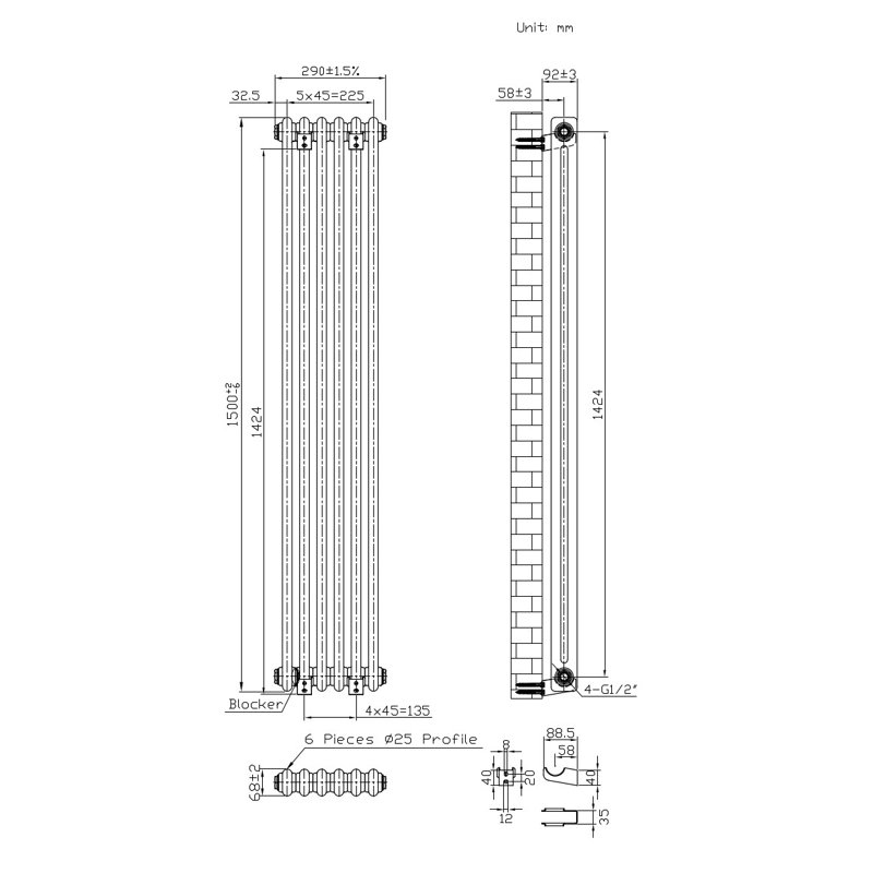 Standard Radiator, Grey, 59cm H x 11cm W x 3cm D