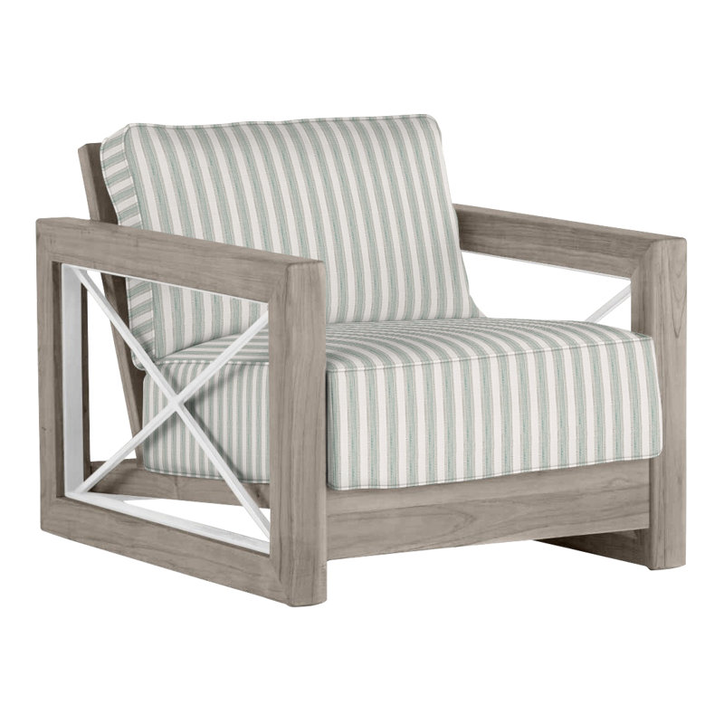 Malta Teak Outdoor Lounge Chair, Oyster Teak/Brushed Stainless, Welt + Standard fill, Perigold Piccadilly Stripe Patina
