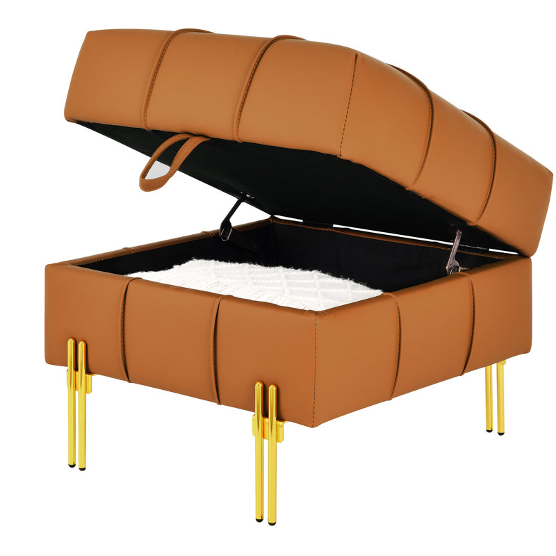Rangement de 22 pouces en cuir rayé orange Tangy - Pet - Banc de hall d'entrée avec pieds en acier inoxydable doré, Orange