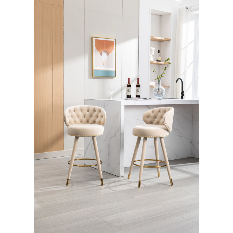 Tabourets de bar à hauteur de comptoir de 2 - construction, revêtement en velours, pieds en bois massif pour un espace de cuisine captivant, pieds ergonomiques
