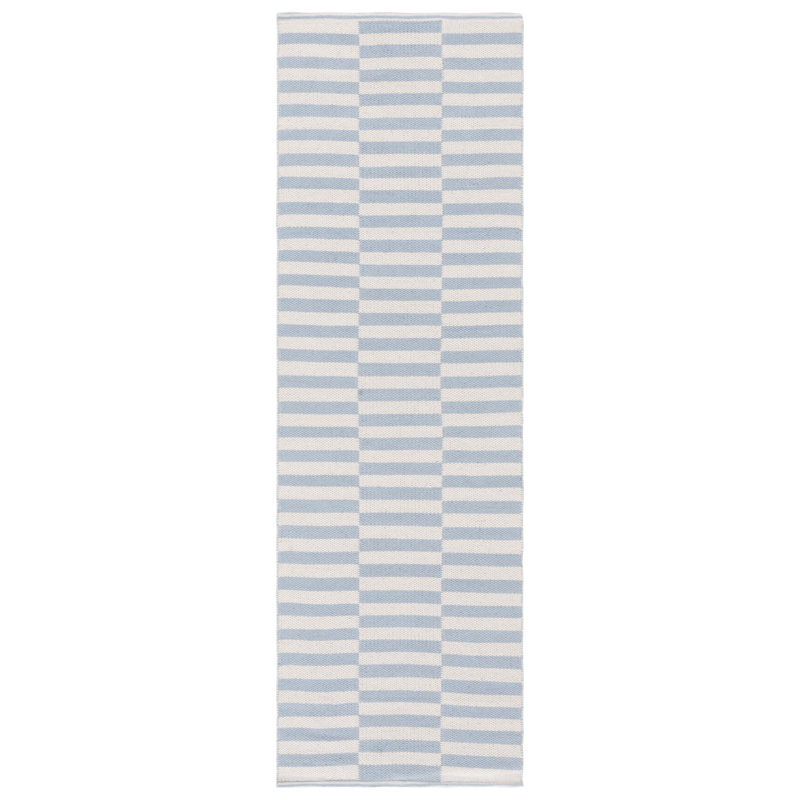 Tapis rayé ivoire / bleu clair tissé à la main Ilona, Tapis de couloir 2 pi 3 po x 7 pi