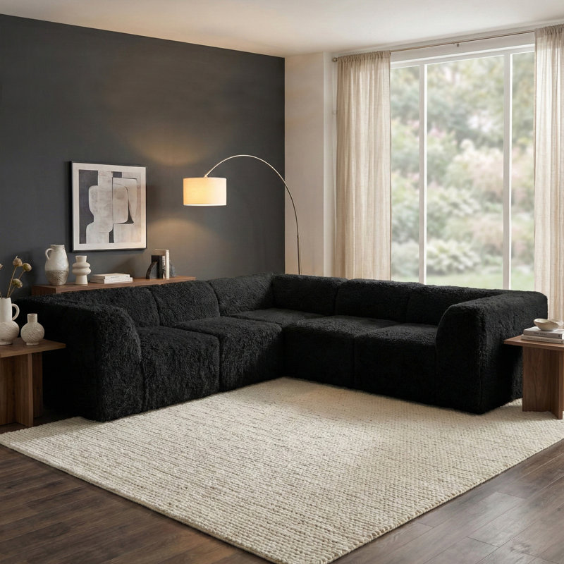 Canapé modulaire compressé en fausse fourrure 5 pièces Dozie, Noir