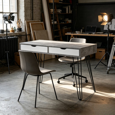 Bureau en béton avec 2 tiroirs de rangement, coiffeuse moderne avec pieds à pince en métal noir, bureau d'ordinateur compact industriel pour le bureau d'entrée de la chambre à coucher, 33 po x 16 po x 28 po