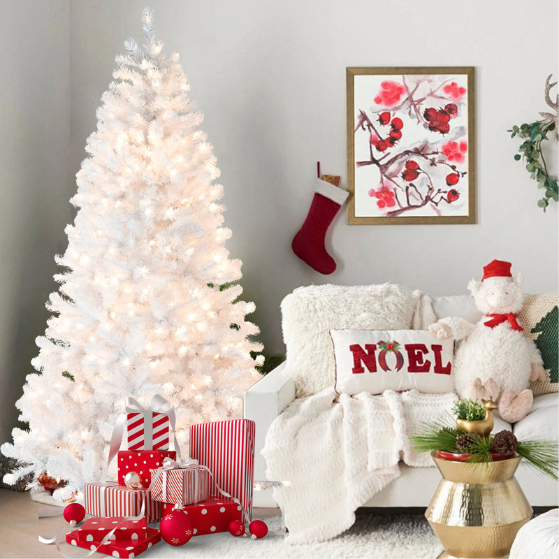 Arbre de Noël blanc 9 pi pré-éclairé avec fil mémoire - 650 lumières incandescentes chaudes, extrémités de 1930, conception à dépliage automatique, support en métal stable, arbre de Noël artificiel en PVC