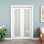 Porte coulissante à galandage en verre trempé dépoli 36 x 80 avec fermeture amortie, double battant à âme pleine 18 x 80, peignable et imperméable, utilisable comme porte de buanderie, porte de placard, porte de chambre ou porte escamotable.