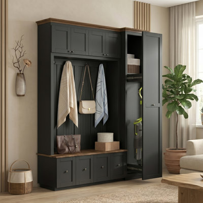59" Wide Modern Farmhouse Entryway Hall Tree With Storage Bench, Utility Cabinet & Coat Hooks