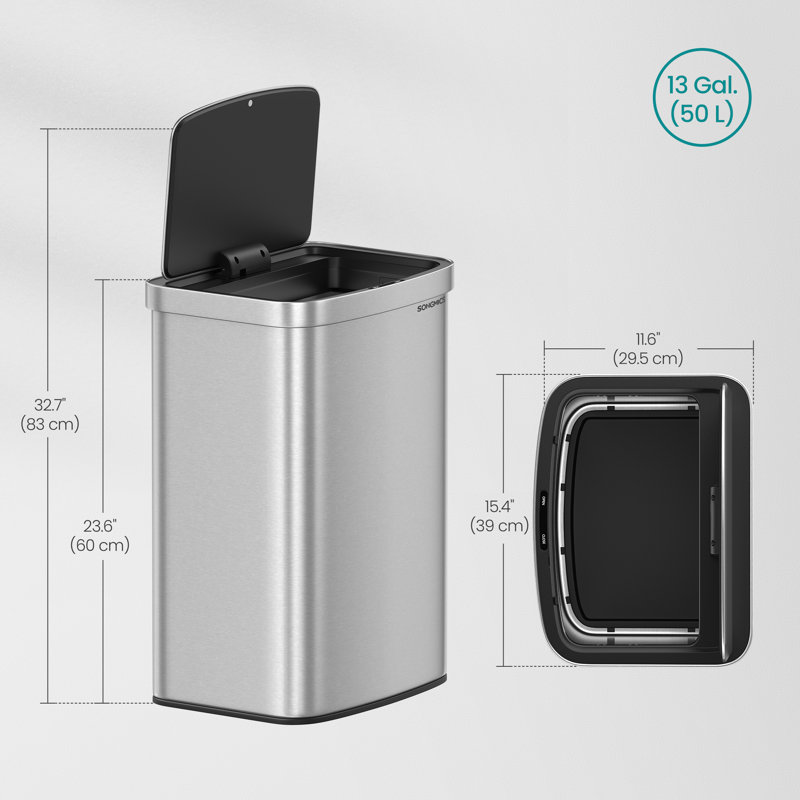 13.2 Gallon Steel Motion Sensor Odor Resistant Trash Can with 15 trash bags, Silver