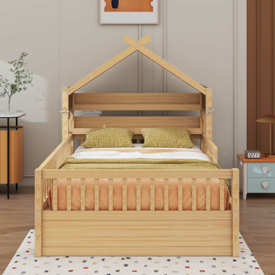 Lit de maison en bois avec tablette de tête de lit, lit à baldaquin avec garde-corps et baldaquin en tissu amovible