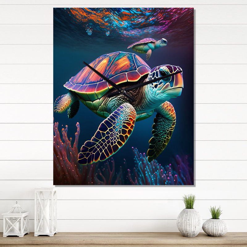 Horloge murale colorée sur fond de tortue de mer I - animaux, Petit