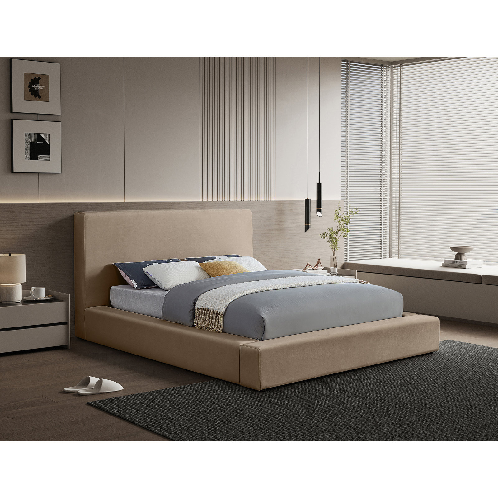 Ishia Upholstered Platform Bed, King, Taupe Velvet
