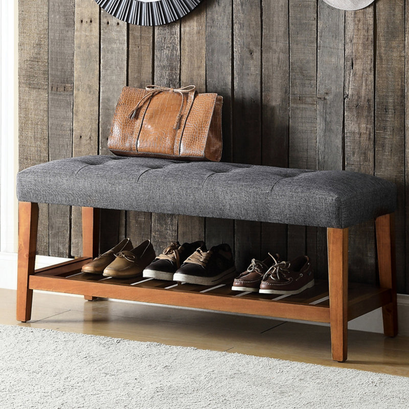 Gray Fabric Upholstered Bench With Open Storage, Oak Tapered Legs, Button - Seat, 8 Inch Space Between Seat And Shelf, 40 Shelf Width Upholstery, Padded Cushion, Space,