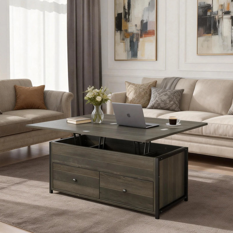 Veromca Lift Top Farmhourse Coffee Table With Hidden Storage And Two Drawers, Gray