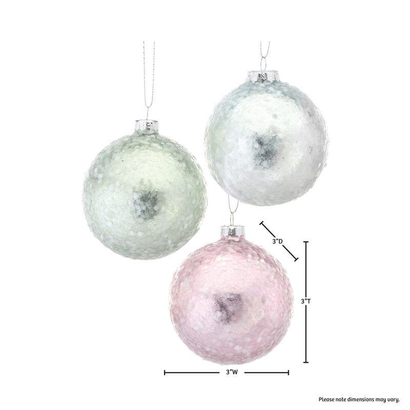 3" Glass Sequin Pearlized Ball Ornament 3 Colors Assorted"