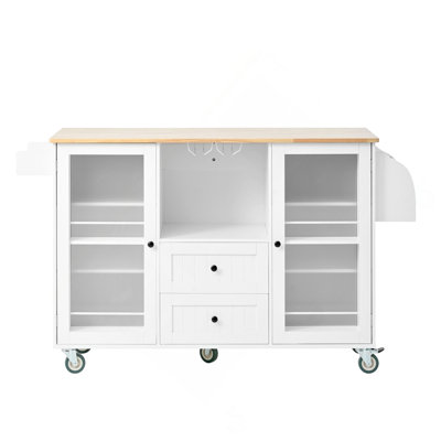 Mobile Kitchen Island Storage Trolley Cart on Wheels with Dropleaf Top, Towel/Spice Rack,2 Drawers, 2-Door Cabinet