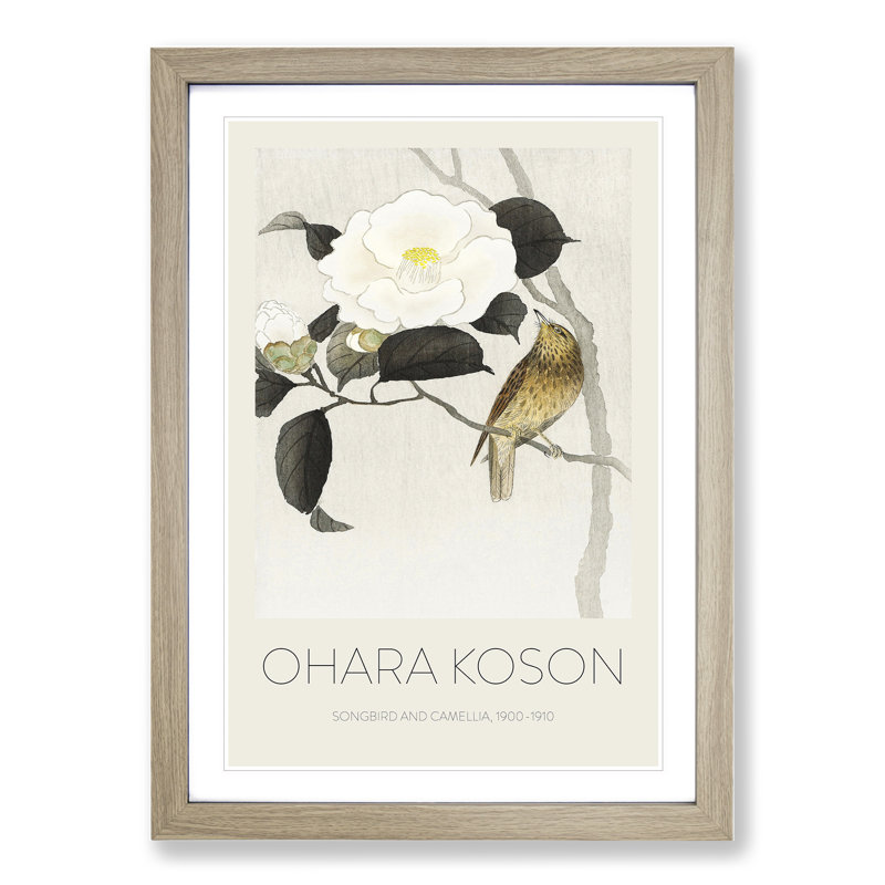 Songbird & Flowering Camellia - Framed Print, 65cm H x 48cm W x 2cm D, Oak