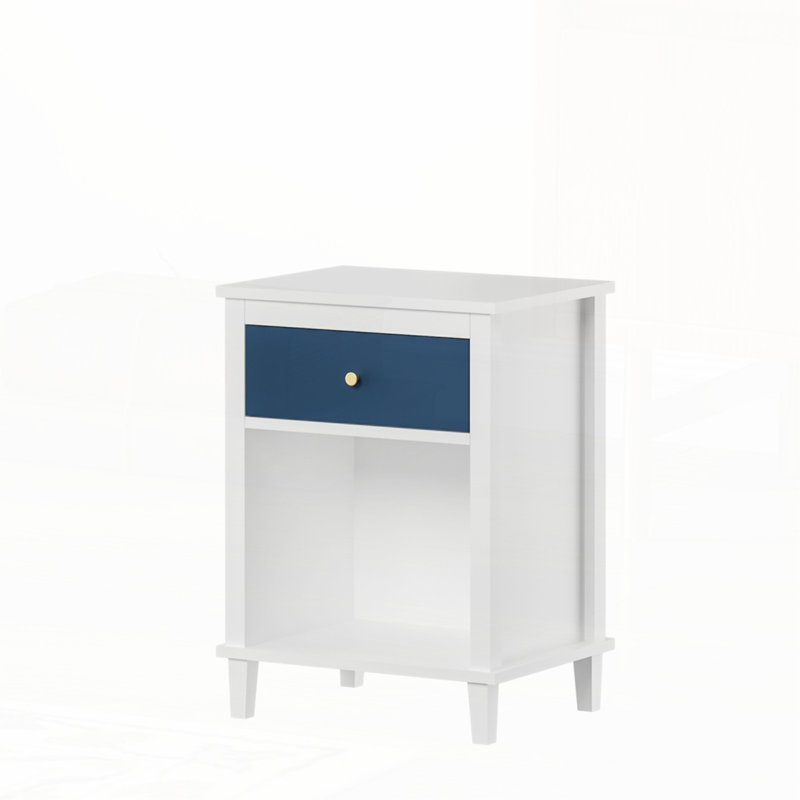 Wooden Nightstand with One Drawer One Shelf, Navy/Gold
