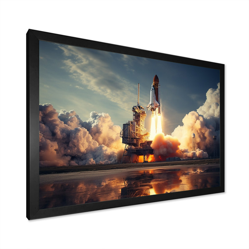 Navette spatiale épique Lancement I - Navette spatiale, art mural, Cadre simple noir, H 12 po x l 20 po x P 1 po