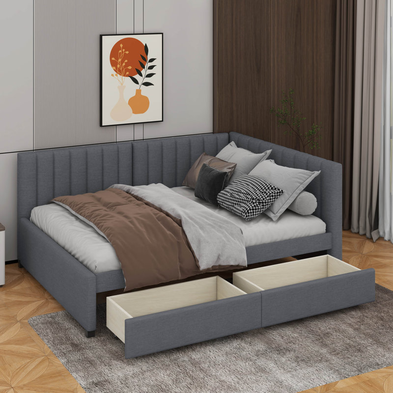 Full Size Upholstered Daybed With Drawers, Gray