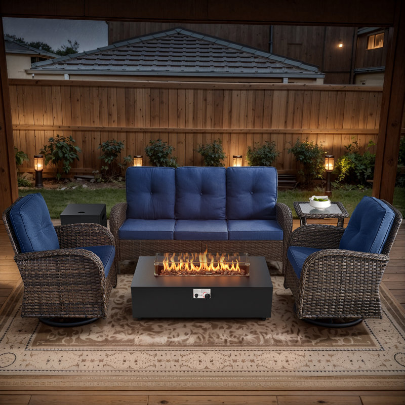 Esquer 5-Pieces Outdoor Wicker Patio Conversation Furniture Set With Rocking & Swivel Chairs And Rectangular Fire Pit Table