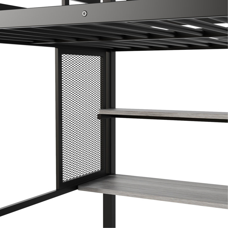 Lit mezzanine en métal noir avec bureau pour l'utilisateur, garde-robe et tablettes de rangement, Noir