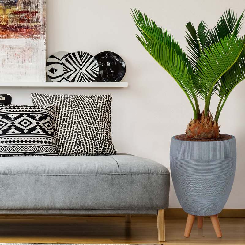 Concrete Effect Round Planter on Hardwood Legs, Round Indoor Plant Pot Stand for Indoor Plants, Indoor Flower Pot with Striped Pattern