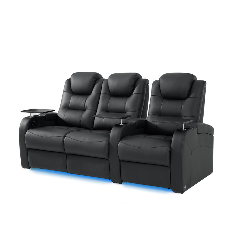 Double fauteuil inclinable de cinéma maison en cuir fleur avec ports USB et de type C, Cuir véritable noir