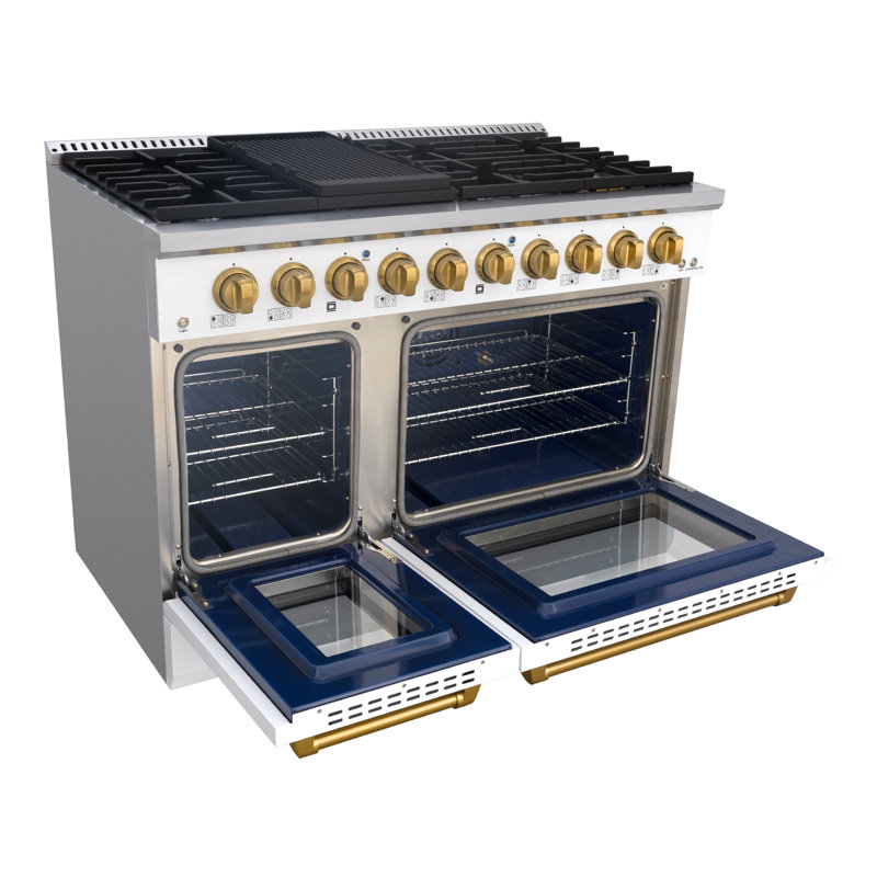 Akicon 48 Inch Freestanding Gas Range - 6.7 Cu. Ft. Double Rapid Convection Gas Oven - Gas Stove With 8 Sealed Burners & A Griddle, Heavy Duty Cast Iron Grates (white & Gold)