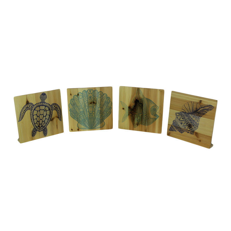 Ensemble de 4 blocs nautiques en bois naturel avec tortue bleue, poisson turquoise et coquillage, 23 cm de hauteur