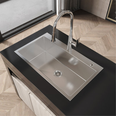 Stainless Steel Kitchen Sink, 32″X19″ Single Bowl, Overmount Handmade Sink In Brushed Nickel, With US Standard Drain And Hook, LS-SSBR02