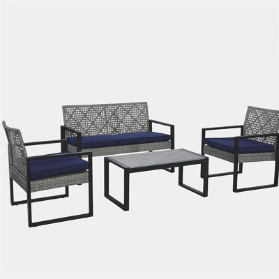 4-Piece Patio Furniture Set Outdoor Balcony Porch Garden Backyard Lawn Furniture Gray Acacia Wood Table Top, Blue Cushion and Light Gray rattan