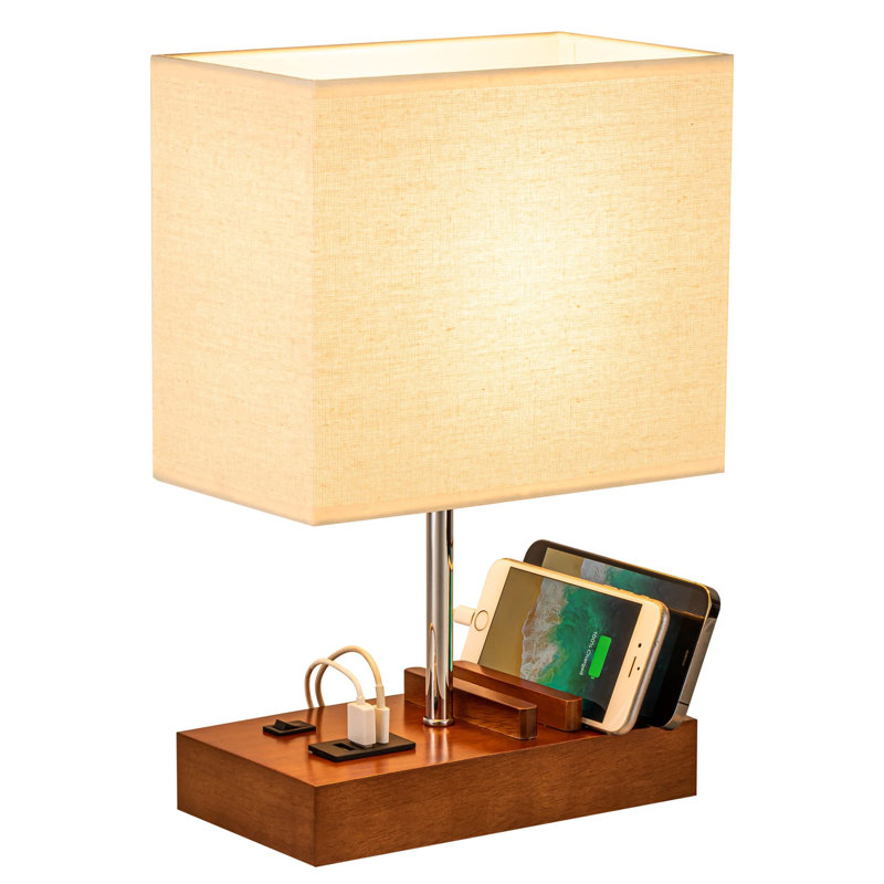Chaithra Solid Wood USB Table Lamp, Brown