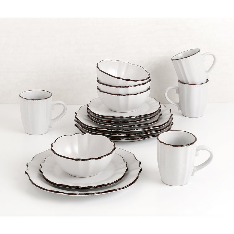 Vaisselle gris ardoise à bords festonnés 16 pièces Lorren Home Trends, Blanc