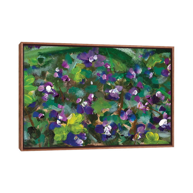 Blue Violet Flowers In Spring Grass by Valery Rybakow - Painting on Canvas, 66.04 cm H x 45.72 cm W, Brown Floater Frame