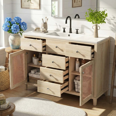 Natural Rattan Bathroom Vanity with Solid Wood Frame and Premium Ceramic Basin