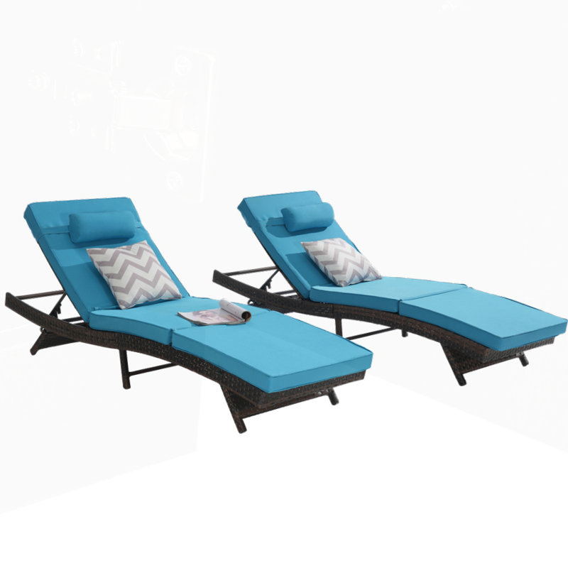 Ensemble de 2 chaises longues inclinables en osier pour l'extérieur, Bleu clair