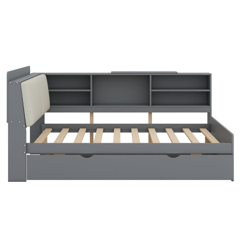 Lit plateforme avec lit gigogne, tablettes et tête de lit, Gris, Double