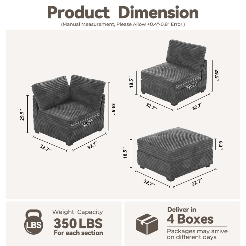  Cloudelle 98.1" Modular Sectional, L Shaped Minimalist Couches With Ottoman Chaise, 4 Seats Modern Deep Seat Cloud Plush Corduroy Sofa Set For Living Room