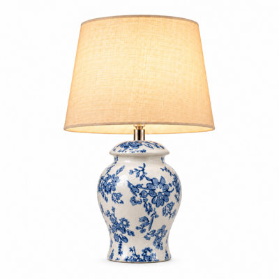 13.6" H Blue & White Chinoiserie Ceramic Cordless Accent Lamp with Crackle Glaze