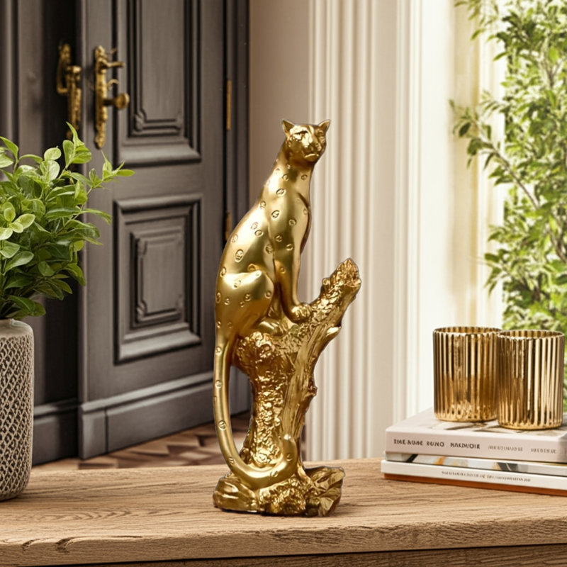 Golden Leopard Figurine On Tree Stump