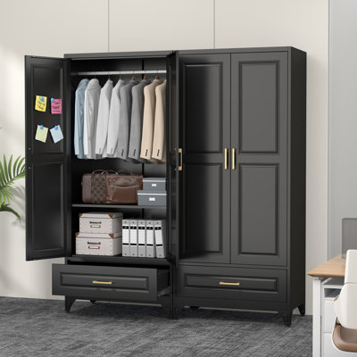 Metal Armoire Wardrobe Closet with One Drawer, Black 71" Tall Armoire Wardrobes with Doors and Shelves, Metal Armoire Wardrobe Closet with Hanging Rod, for Bedroom
